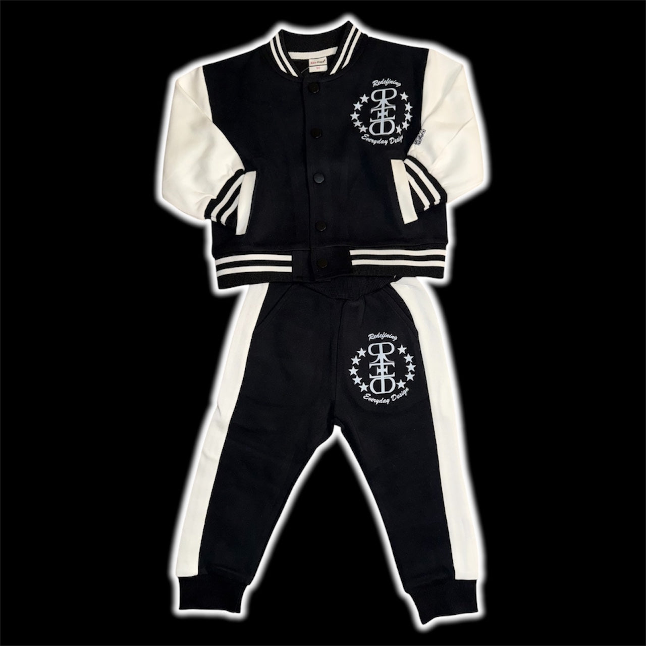 2 piece youth black & white letterman jacket & jogger set